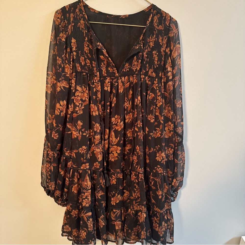 OLIVACEOUS Women's Dress BOHO Floral Brown & Black Size LARGE